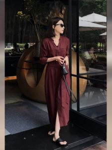 YUFUQING | French Style Plus Size Wine Red Linen Shirt Dress Womens New 2024 Slimming Elegant Long Midi A-Line Skirt Dress