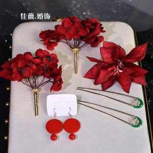 Chinese Style Wedding Hair Accessories Red Rose Flower Hairpin Cheongsam Morning Robe Marriage Ceremony Engagement Hair Decor