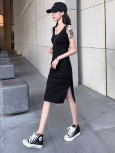 Black Sleeveless High Waist Slimming Dress Womens Summer New Style Elegant Long Split Strap Dress Korean Style Knitted Cotton