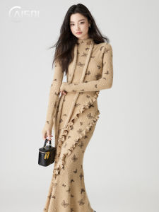 Elegant French Butterfly Print Knitted Long Dress Womens Autumn Winter New Style Slimming Design Sense Skirt High Waist Elastic Knitted