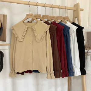 French Style Courtly Long Sleeve Womens Shirt Autumn Winter New Retro Corduroy Flocking Loose Fit Butterfly Knot Bell Sleeve