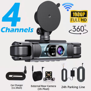360° Car DVR WIFI Dash Cam 3/4 Lens Front Rear Left Right Inside IPS Screen Rotatable Lens Night Vision 24H Parking Black Box