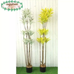 Pohon Hias Artificial Song Of India T170 Variasi Warna Kuning & Putih Latex Pot Dasar Hitam Dekorasi Ruang Tamu Aesthetic