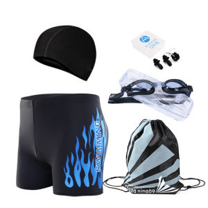 Swimming Trunks Mens Anti-Embarrassment Plus Size Boxer Mens Swimsuit Quick-Drying Hot Spring Half Length Swimming Trunks Swimming Goggles Swimming Cap Equipment Set