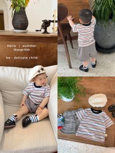 Boys Stripe Short Sleeve Set Summer Casual Tshirt Cotton Shorts