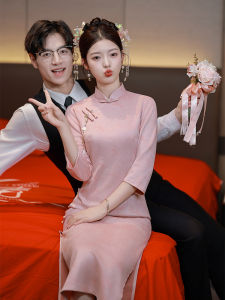 Pink Suede Long Sleeve Qipao Young Wedding Engagement Dress Womens Style Daily Wear Retro Vintage Fashion S240828