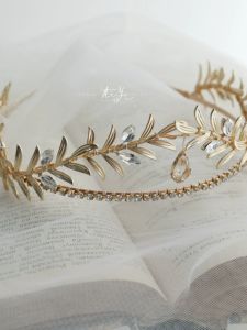 2023 New Simple Style Bridal Headwear Long Leaf Rhinestone Hairband Crown Flower Ring Wedding Dress Birthday Hair Accessories