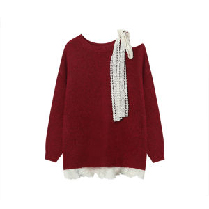 Christmas New Year Red Lace Butterfly Knot Womens Loose Lazy Shoulder Knitted Sweater Mid-Length round Neck Long Sleeve Top