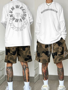 American Style Long Sleeve T-Shirt Mens Spring Autumn Heavyweight Pure Cotton High Street Hip Hop Loose Print Top