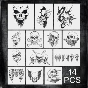 14Pcs Reusable Skull Painting Stencils Set 8-12 inch Skeleton Head Templates for Wall Wood Fabric DIY Crafts Card Scrapbooking
