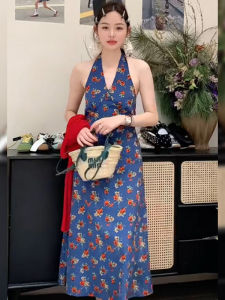BINKAFENNY | Dopamine Blue Floral Print Halter Neck Backless Sleeveless Long Dress Women Summer Beach Vacation Style Beautifully Designed Dress
