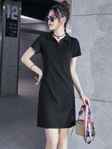 Sporty Polo Dress Women Summer 2025 Casual Small Size Slimming Tummy Covering Knitted Elegant T-Shirt Dress Cotton Knit