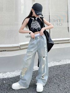 Girls Summer Thin Wide Leg Straight Jeans Childrens Hole Punching Denim Trousers for Big Kids Fashionable Long Pants