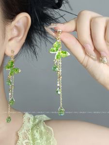Original Long Butterfly Tassel Earrings Green Blue Fresh Fairy Atmosphere Ear Jewelry Clip on Fashionable Accessories