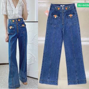 LN กางเกงยีนส์ทรงกระบอก เอวสูง กระเป๋าคู่หน้าปักดอกไม้ S-6XL
