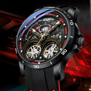 Ailang Mens Double Tourbillon Skeleton Automatic Mechanical Watch Silicone strap luminous waterproof Calendar multi-function