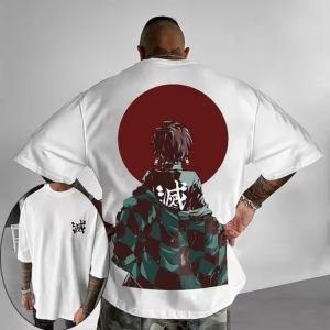 Demon Slayer Anime Tanjirou อุปกรณ์ต่อพ่วงพิมพ์เสื้อยืดฤดูร้อนใหม่ผู้ชายและผู้หญิงอินเทรนด์ขนาดใหญ่หลวมสบายๆแขนสั้นด้านบน