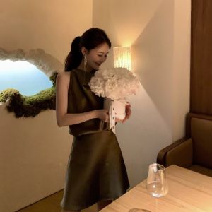 VKSOD | Váy ngắn chữ A mùa hè thanh lịch phong cách Pháp bằng vải satin không tay váy dài cạp cao cho nữ