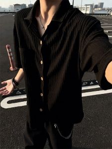 CHENMU | Black Texture Short Sleeve Shirt Mens Summer Thin Style Rich and Relaxed Sensation