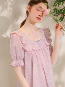 XEXZ | Pure Cotton Floral Embroidery Short Sleeve Sleepwear Womens Summer New Style French Court Style Print Nightgown Comfortable