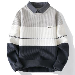 Qiaodi Montblanc High-End Mens Knitted Shirt-Style Sweater Thickened Warm Shirt Collar Striped Fake Two-Piece Winter Fashion City Casual