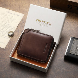【Genuine Cowhide Leather】CHANPINCL Brand Mens Wallet Hot Sale Luxury First Layer Cowhide Genuine Leather Short Zipper Retro Male Transverse Card Holder Multifunctional Purse