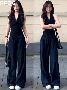 กางเกงทำงานทรงตรงเอวสูงสำหรับผู้หญิง กางเกงขายาวทรงหลวม ระบายอากาศได้ดี แห้งเร็ว ลำลอง สไตล์ย้อนยุค สีน้ำเงินเข้ม