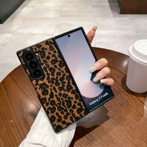 Fashion Flush Leopard Leather Plush Textured Back Cover For Samsung Galaxy Z Fold 6 5 4 3 7 5G  Luxury Hard PC Phone Case