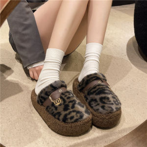 IELGY Fashion leopard print plus size fur slippers womens autumn winter 2024 baotou belt buckle platform sole