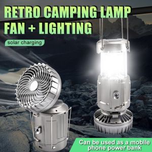 Rechargeable Portable Solar Camping Lantern Fan Lamp Emergency LED Light Electric Fan Power Bank Hanging Tent Lamp Flashlight for Fishing Outdoor Office