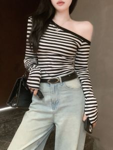 GUZILIAN | Unique Shoulder-baring Striped T-shirt Womens Short Sleeve Fashionable Commute Style Pear Shape Fit Autumn New Arrival