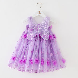 2026 New Toddler Baby Girl Summer Dress Sling Mesh Wings Sweet Baby Girl Childrens Clothes First Birthday Party Dress