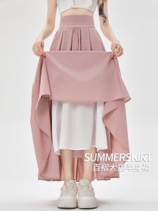 French Style Fancy Slim Looking Pink High Waist Skirt Womens Summer Dress Small Long Dress Umbrella Skirt Mop Long Skirt