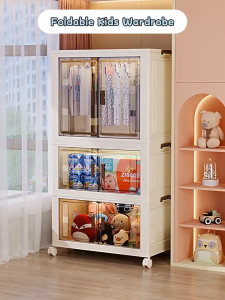 SUSU HOMES L55/70CM Foldable Kids Wardrobe Double Door Large Capacity Clothes Storage Cabinet with Pulleys Almari Simpan