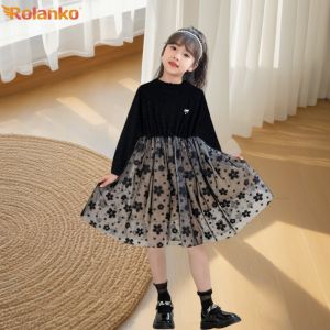 Rolanko Kids Girls Princess Dress Black Knitting Mesh Splicing Tutu Dress Birthday Party Daily Wear Costume