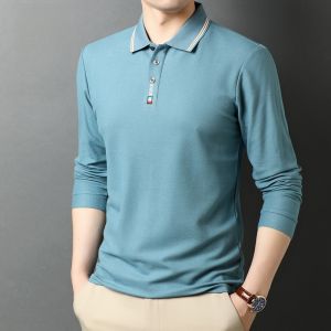ROMON | Lormen Mens Long Sleeve Polo Shirt Business Casual Slim Fit Pure Cotton T-Shirt With Collar Spring Autumn Style Dad Wear