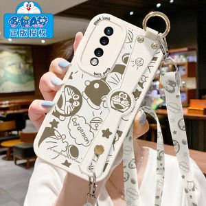 Honor 70 Phone Case Anti-Fall Protection Soft Silicone Strap Crossbody Womens Style Doraemon Wristband Compatible with Huawei 50SE