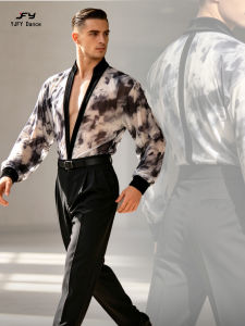 YJFY Dance | Deep V-neck Ink Print Mesh Men Latin Dance Leotard