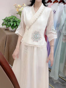 Spring Summer Traditional Chinese Style Embroidered Zen Mind Set Half Dress with Long Sleeves and Skirt Two-Piece Set