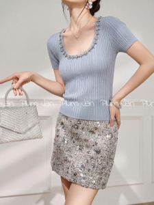 PlumJan | Áo Kni Cổ U Mới Có Đính Hạt Rhinestone