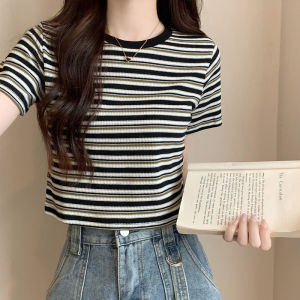 Áo Thun Dệt Kim Tay Ngắn Ôm Vừa Vặn Cho Nữ Mùa Hè 2024 Áo Thun Cổ Tròn Thời Trang Dáng Ôm Vừa Vặn
