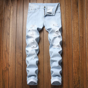 Trendy Ripped Denim Mens Straight-leg K-style Light Color Casual Loose Trousers Pants Easiest for Match Plus Size Slim-Fit Pants