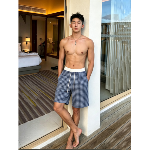 OUMULONG | Quần Short Cotton Nhanh Khô Màu Xanh Bong Bóng In Caro