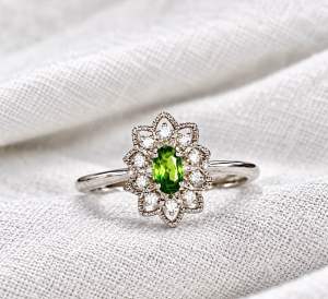 Natural Diopside Ring with Oval Green Stone and Small Diamonds on Silver Band