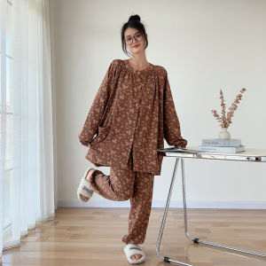 Floral Cardigan Spring and Autumn Pure Cotton plus Size Pajamas Womens 100.00kg Long Sleeves Pants Heating Room Home Clothes Suit