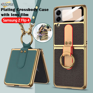 [Phim Dây Chuyền & Ống Kính] Kisscase Bao Da Có Giá Đỡ Nhẫn Cho Samsung Z Flip4 5G Flip3 Ốp Đeo Chéo Ốp Điện Thoại Kính Cường Lực Bảo Vệ Toàn Diện Với Máy Ảnh Cho Samsung Galaxy Z Flip 4 Flip3 Ốp Điện Thoại