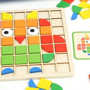 120Pcs Wooden Mosaic Puzzle Toy Montessori Kids Wooden 3D Geometric Shape Jigsaw Puzzle Board Set Baby Early Education Toys For Child