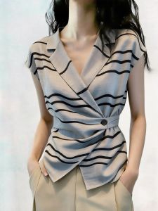 KUNAILIN | Striped French Style V-Neck Sleeveless Fitted Blouse