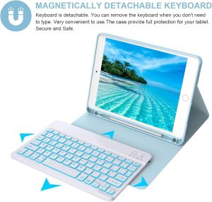 iPad Keyboard Case 9.7 inch for iPad 6th Generation(2018)/iPad 5th Gen(2017)/iPad Air 2&1/iPad Pro 9.7 -7 Colors Backlit Detachable Keyboard Folio Smart Cover with Pencil Holder for iPad 9.7(Sky Blue)