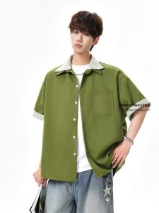 NANSSE | American Style Faux Two Pieces Contrast Short Sleeve Shirt